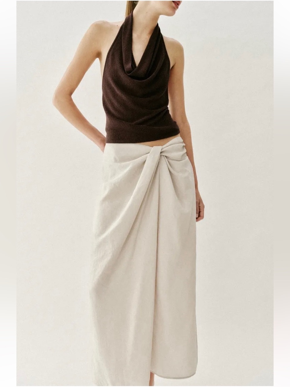 New ZARA Gathered Pareo Midi Skirt